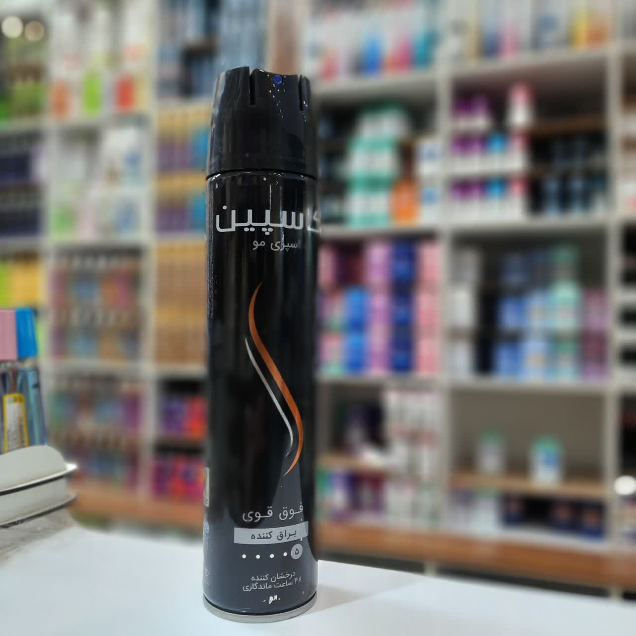 اسپری حالت دهنده مو کاسپین مدل Mega Hold فوق قوی، براق کننده، تثبیت کننده حالت مو با ماندگاری 48 ساعت حجم 250 میلی‌لیتر